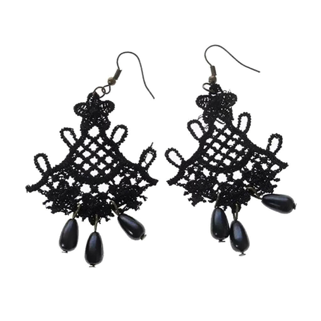 Fashion Black Lace Jewellery Dangle Earrings w/ Beads Elegant Lolita Decor