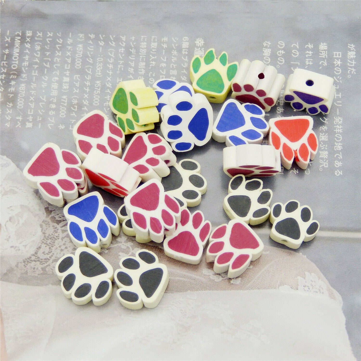 20 Mixed Animal Paw Print Polymer Clay Bead Bear Dog Footprint Spacer Beads 12mm