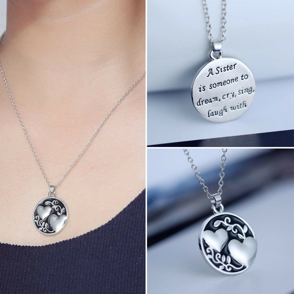 Charm Sister Crystal Reversible Pendant Chain Necklace Love Family Jewelry Gifts