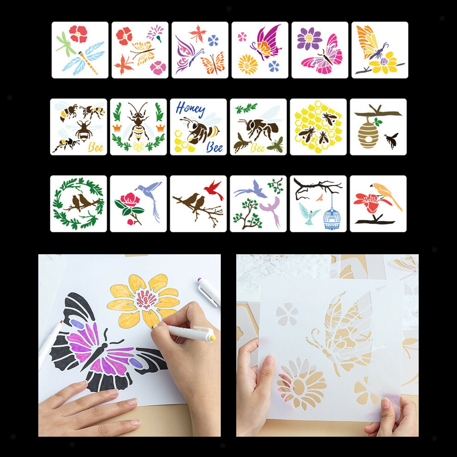 18x Bees Templates Stencils DIY Tile Cake Painting Album Crafts Art Project