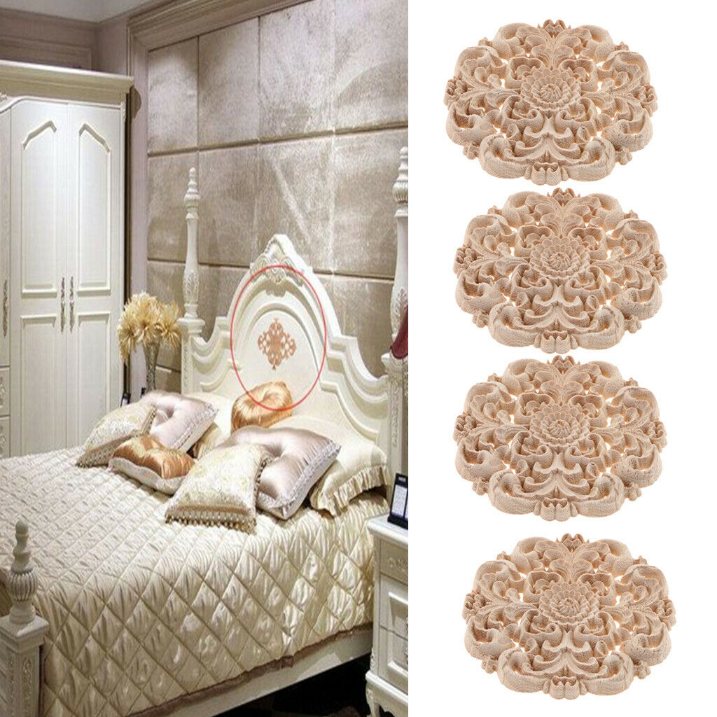 4Pcs Chinese Combines Western Design Wood Carved Flower Appliques Round Cabinet
