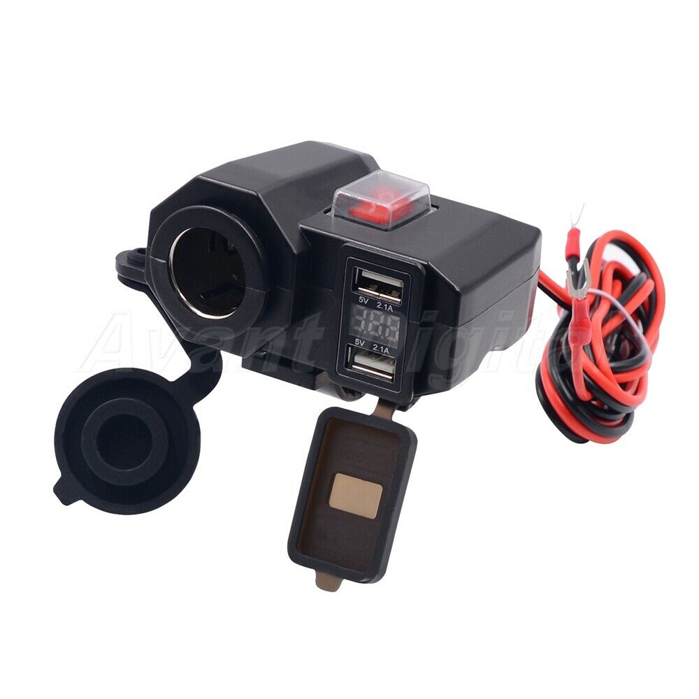 12V/24V Dual USB Charger Motorcycle Cigarette Lighter LED Voltmeter Waterproof