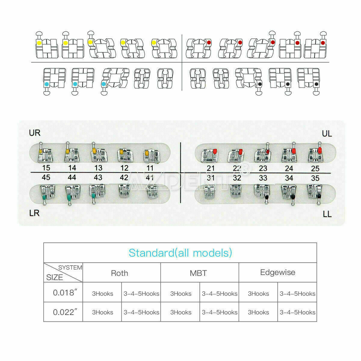 40 Packs Dental Bracket Braces Orthodontic Standard MBT 018 Hook 3-4-5 AZDENT
