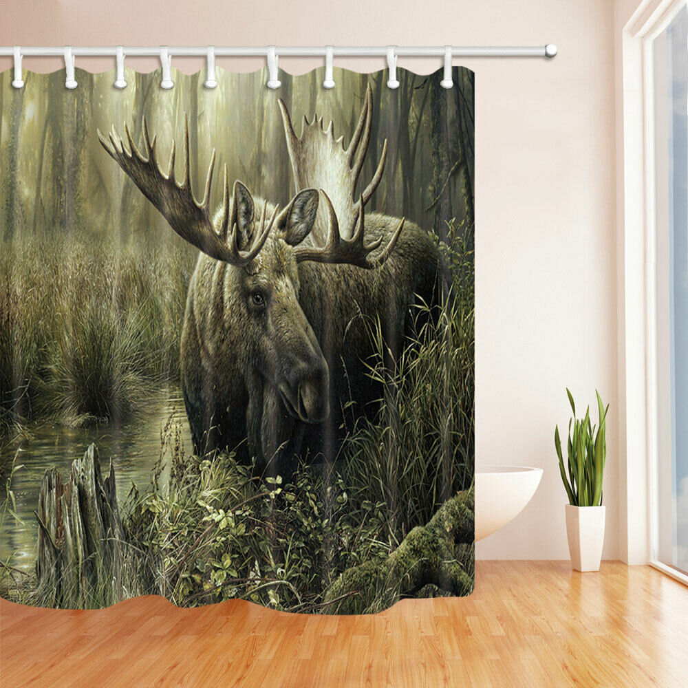 American Horned Deer In The Swamp Shower Curtain Bathroom Decor Fabric 71x71in