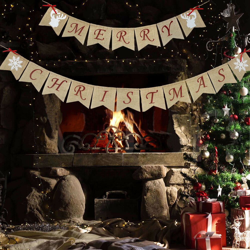 Merry Christmas Letters Banners Linen Hanging Flags Xmas Bunting Garland @