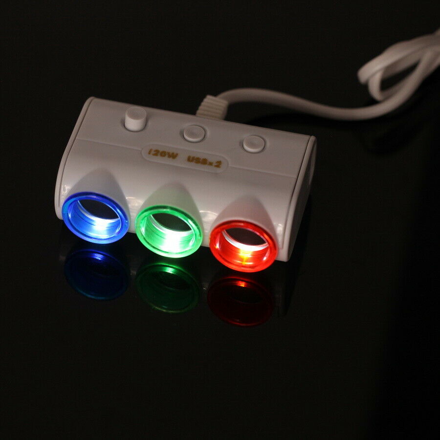 1 x 3 Way 120W White Car USB Cigarette Lighter Socket Splitter Charger Adapter