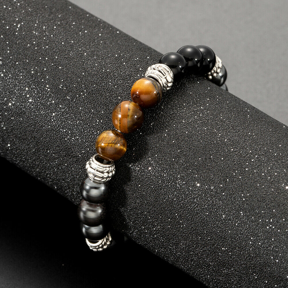 Energy Healing Stretch Bracelet Natural Stone Hematite Tiger Eye Obsidian Retro