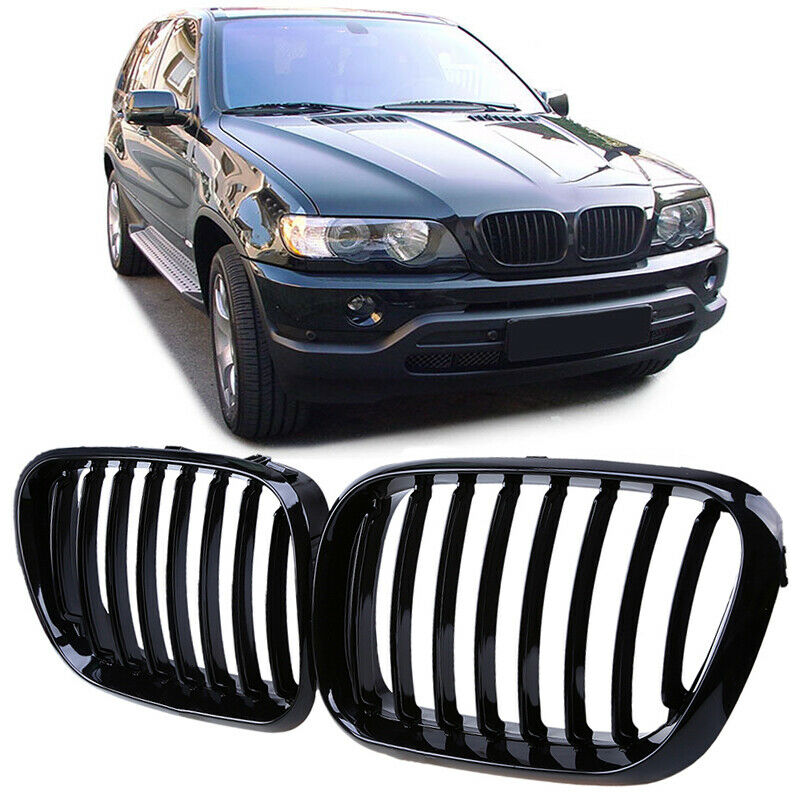 Pair Fit BMW X5 E53 2000 2001 2002 2003 Front Bumper Kidney Grilles Gloss Black