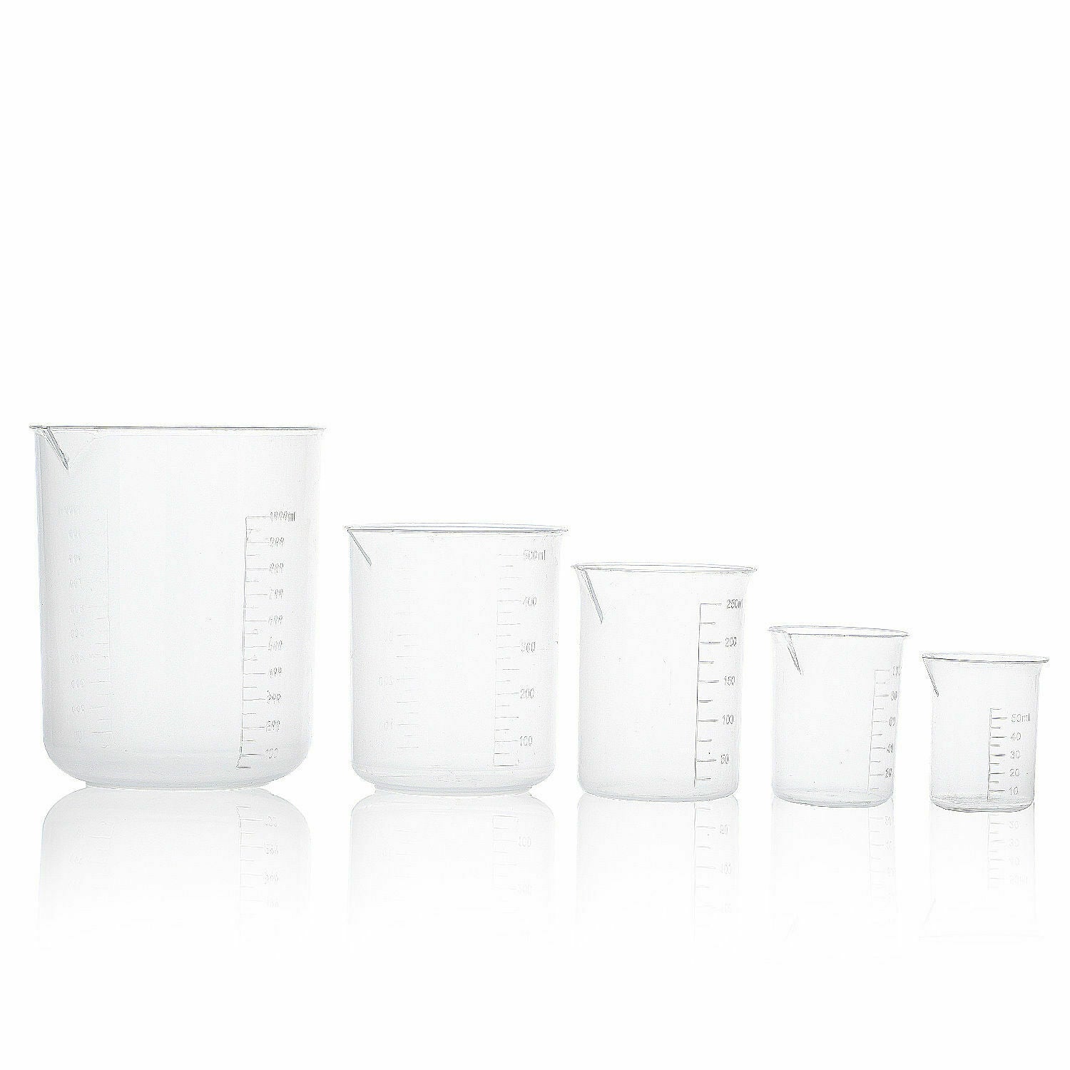 Labs Plastic Beakers Set Measuring Cups - 5 Sizes - 50, 100, 250, 500 and 1000ml