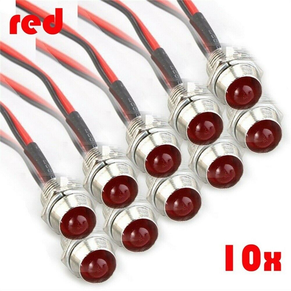 10* Red 8mm 12V LED Indicator Lamp Warn Light Pilot Dash Panel Car Truck Boat US