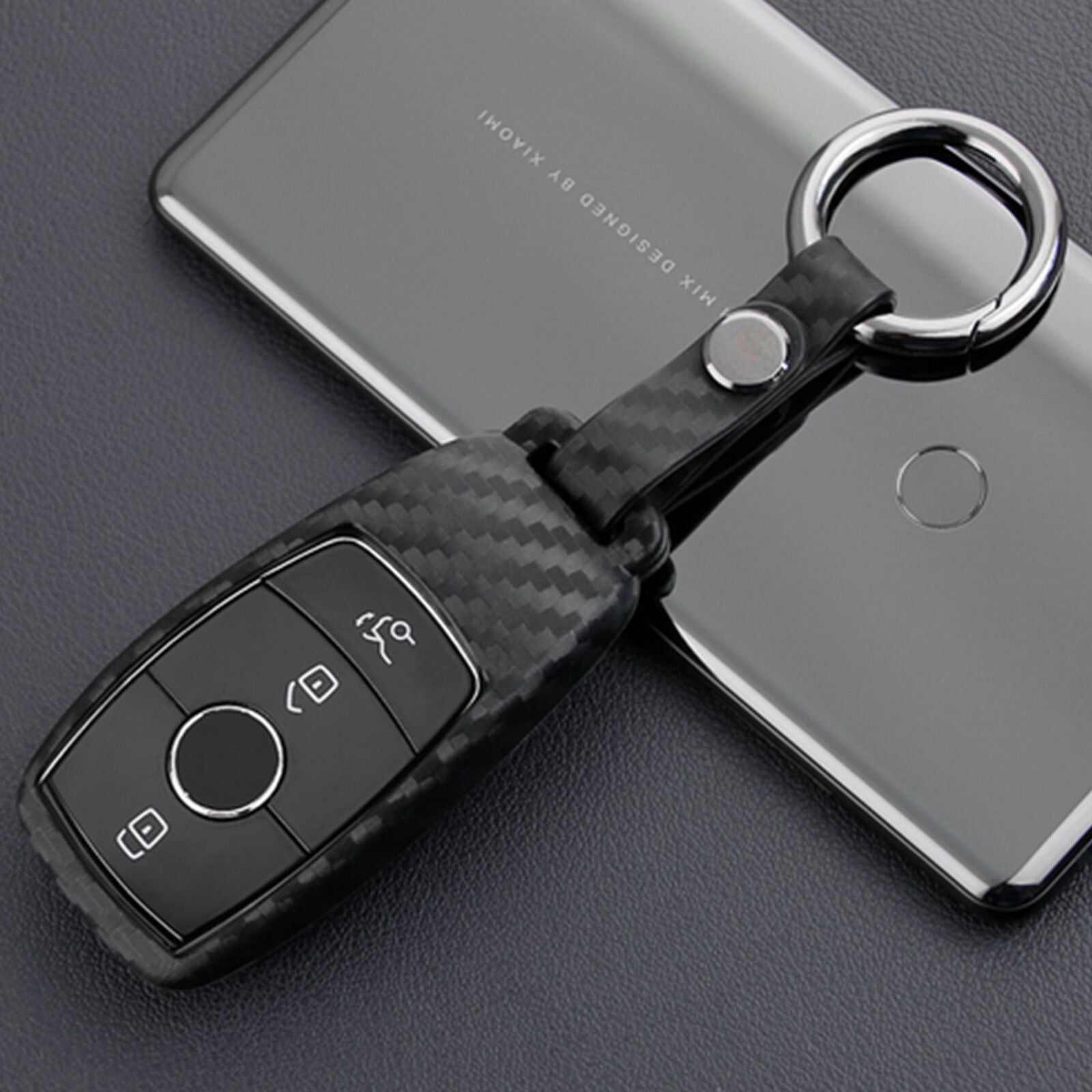 For Mercedes-Benz A/B/C/E/S/G-Class Carbon Fiber Smart Key Fob Case Cover Chain