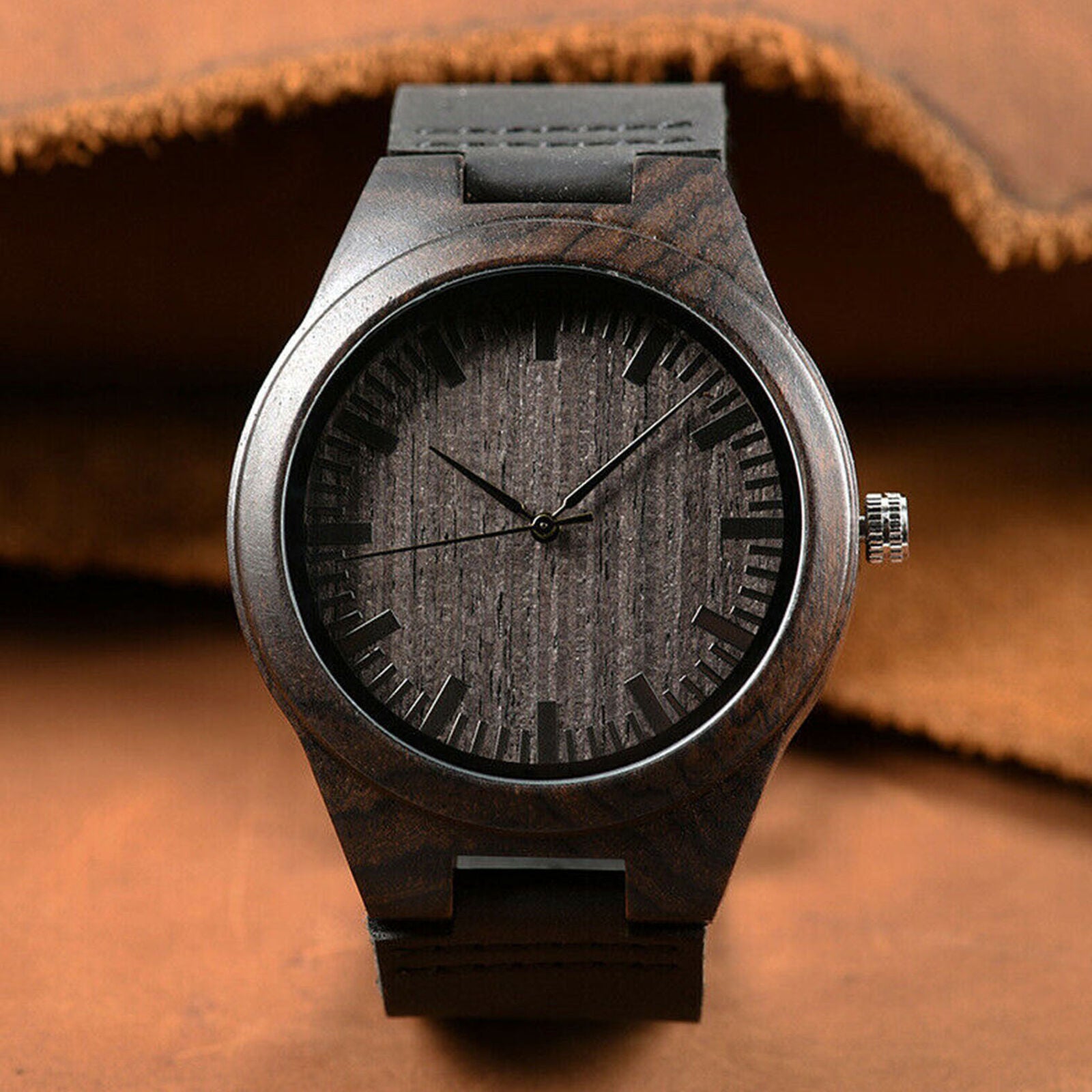 Men's Wood Leather Band Bamboo Quartz Watch Casual Women Sport Wrist Strap Black