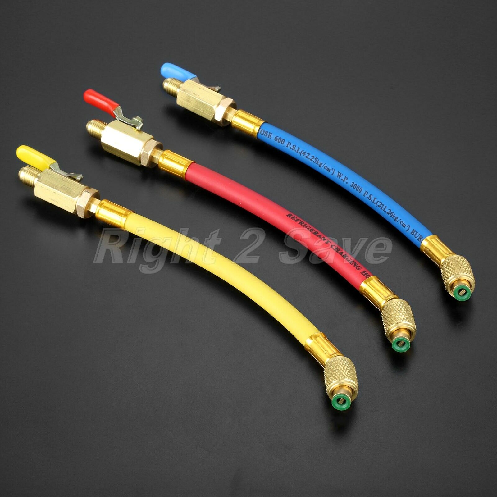 3Pcs Car Ball Valve Short Charging Hoses Refrigerant HVAC AC Tool 9.8" Kit