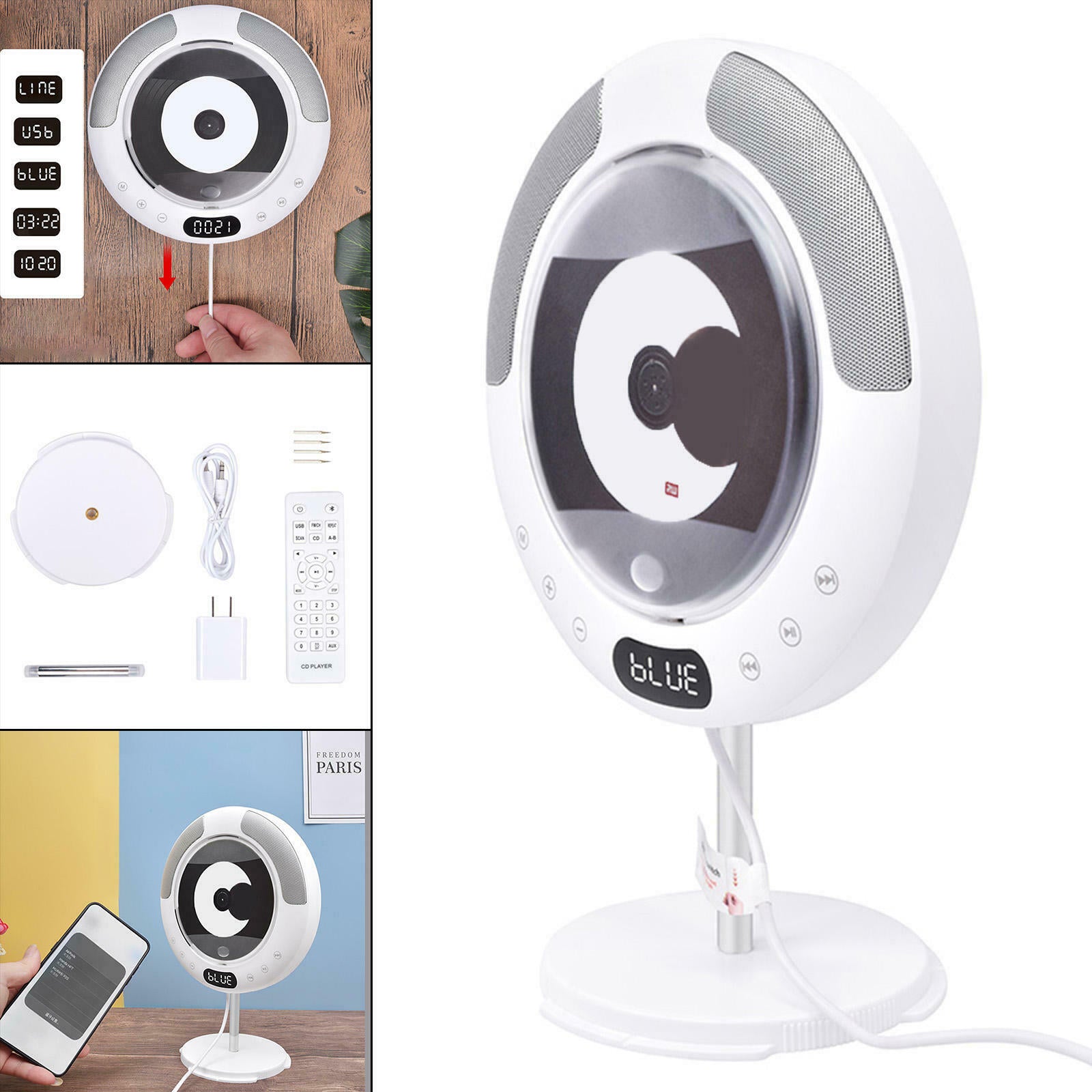 Bluetooth CD Player Wall Mounted/Desktop with Remote Control for Home Decor