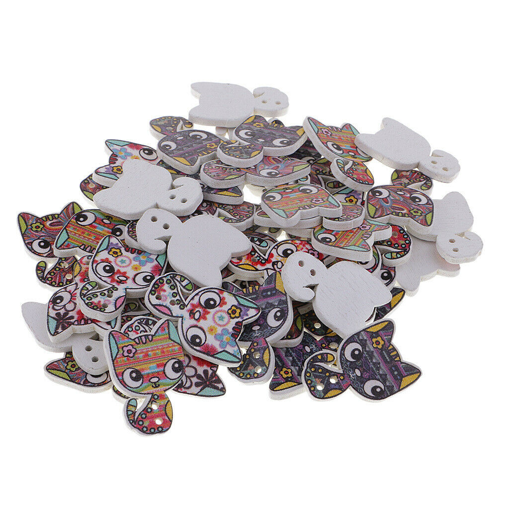 50Pcs Cartoon Animal Cat Wood Buttons Sewing Crafts Accessories 26*17mm