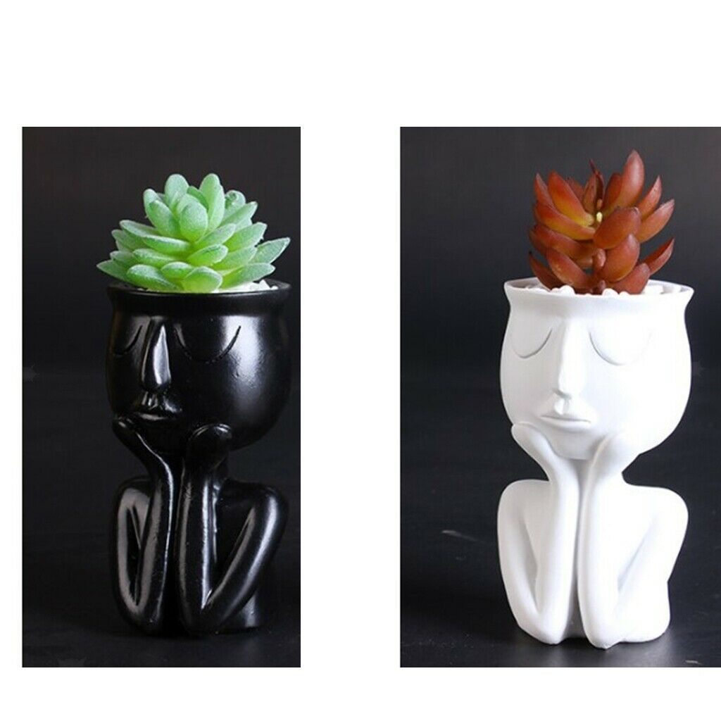 White & Black Head Face Sculpture Flower Pot Indoor Succulent Planter White