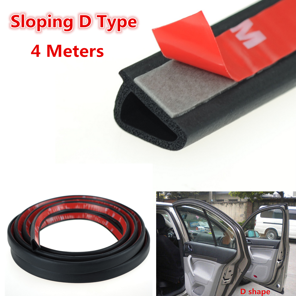 4M Car Door Edge Sloping D Type Weatherstrip Noise Insulation Sealing Strip Trim