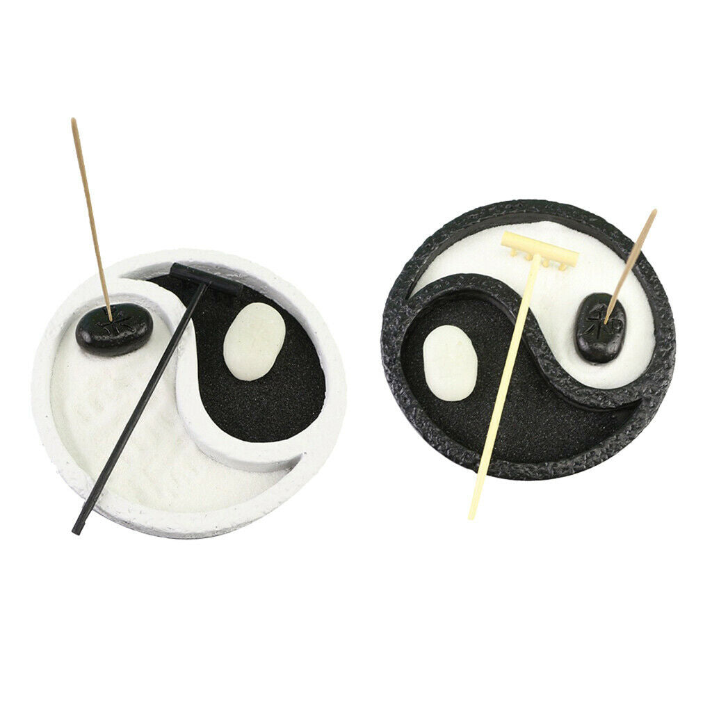 15cm Round Mini Yin Zen Garden w/Rake Desktop Meditating Sandbox Decor Black