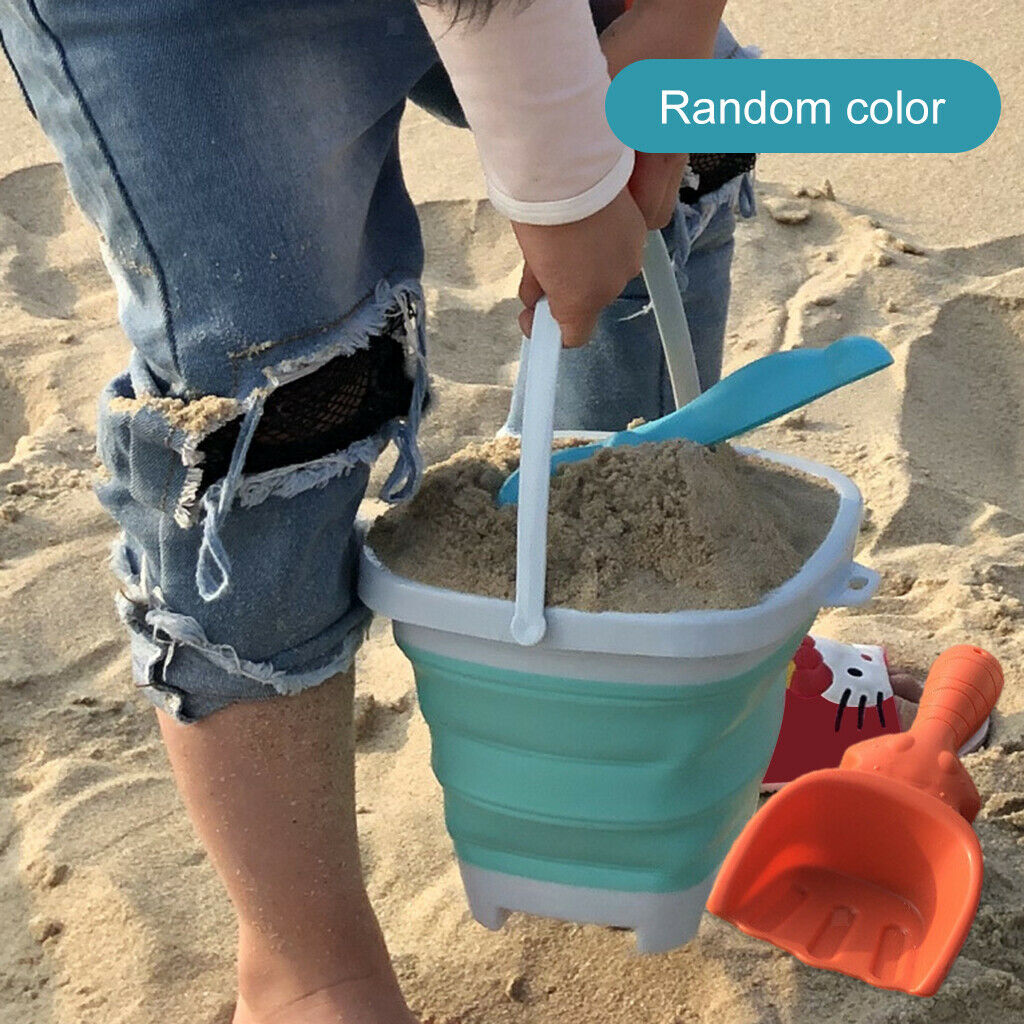3x Summer Folding Beach Plastic Buckets Set with Rake and Shovel Sand for