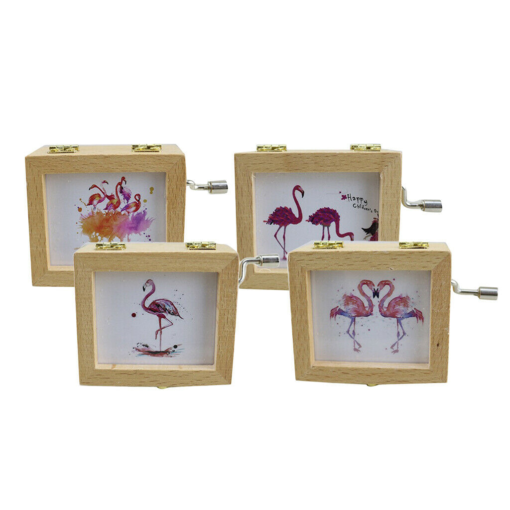 Wood Hand Crank Musical Box Flamingo Decor for Birthday Gift Exquisite