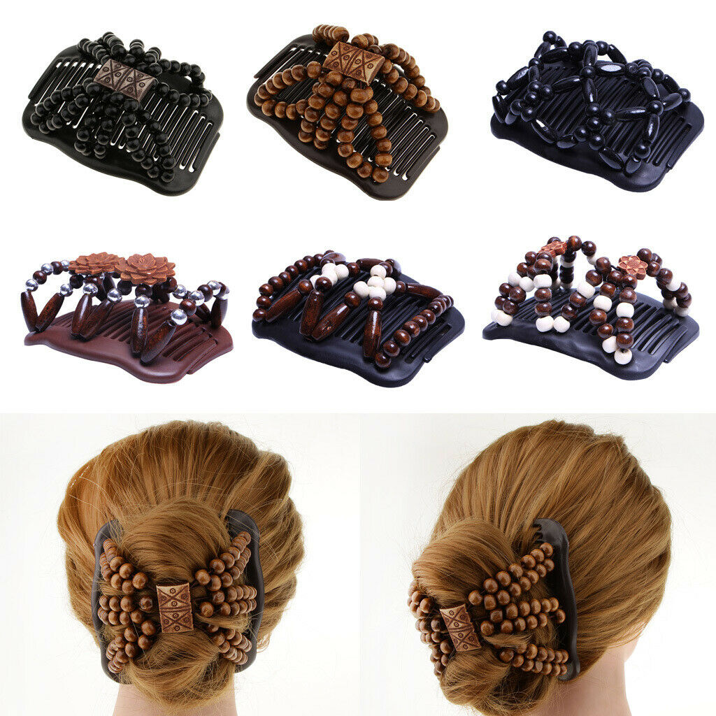 6x Double Slide Hair Comb Clip Magic Wood Beads Easy Bun Maker Hair Styling