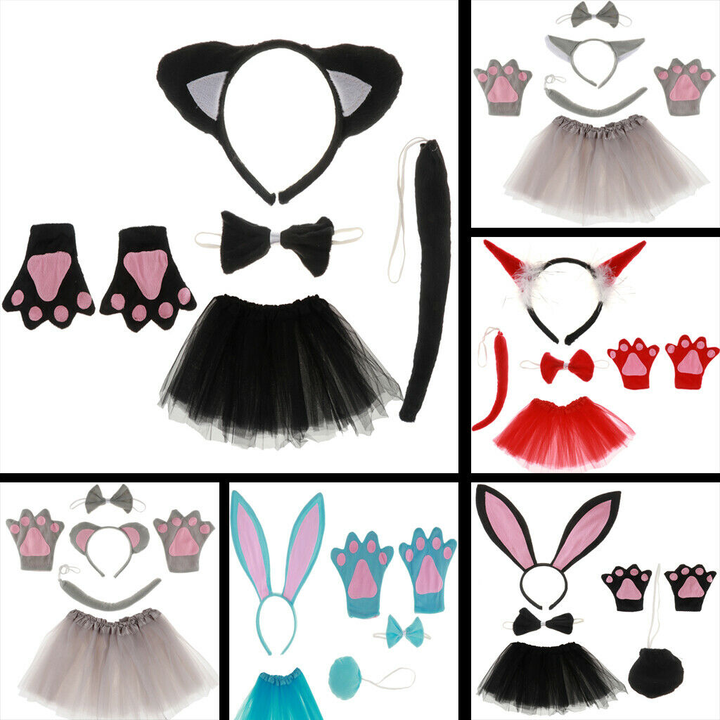Fashion Kids Girl Costume Hairband Bowtie Tulle Skirt Paws Long Tail Set Black