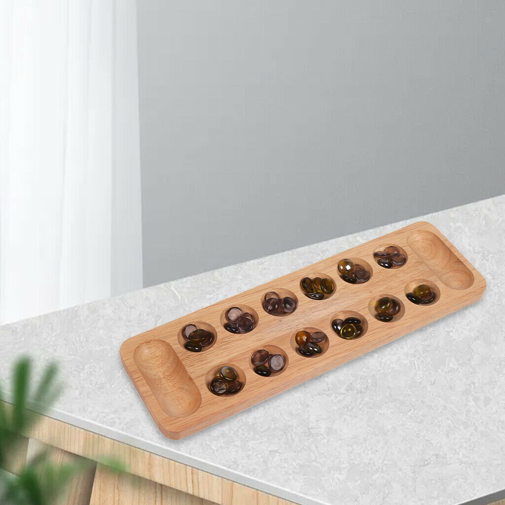 Portable African Wooden Mancala Board Game with 48 Stones Set Strategy Game