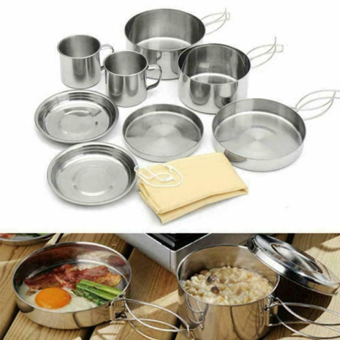 8 x Steel Camping Cookware Cooking Picnic Pan Outdoor Pot Set Y9I4