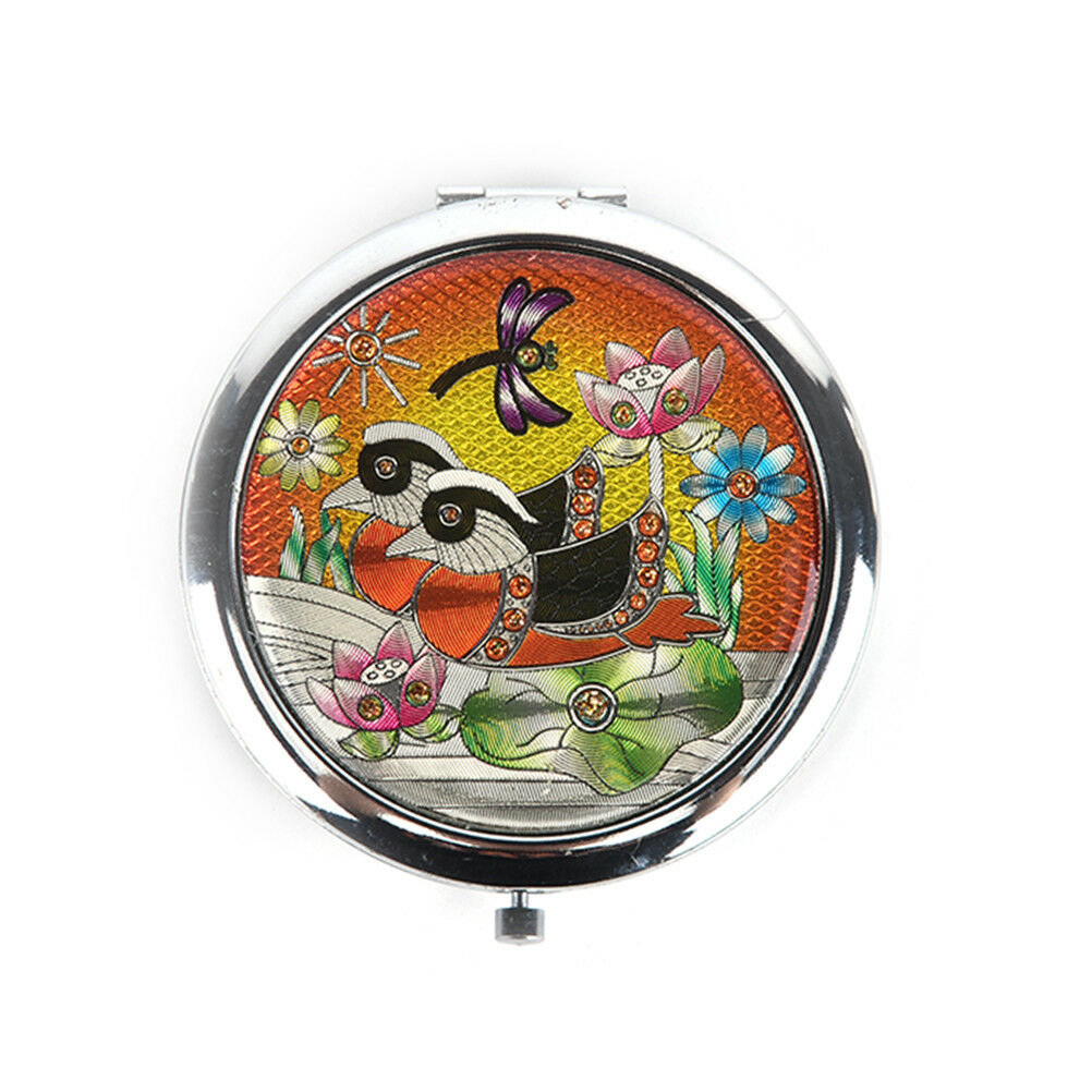 Crystal Folding Round Pocket Compact Makeup Cosmetic Mirror Portable XGA Rf