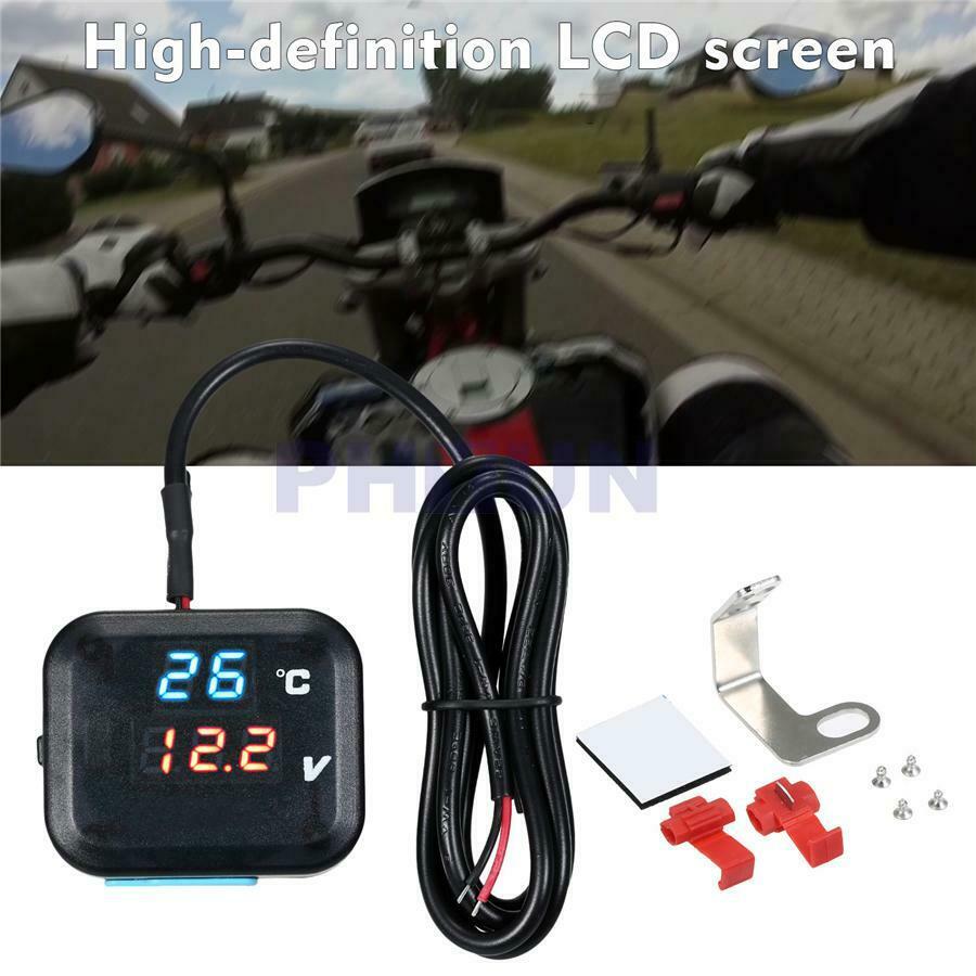 12V Motorcycle Digital Water Temp Gauge Voltmeter LCD Display with USB Charger