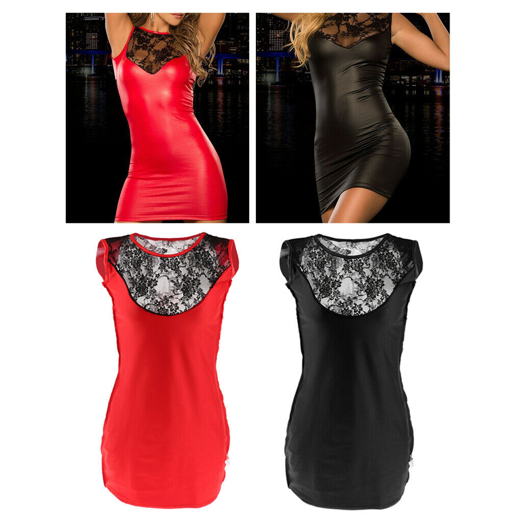 Women Bodycon Sexy Lace Club-wear PU Leather Stitching Dress S Black