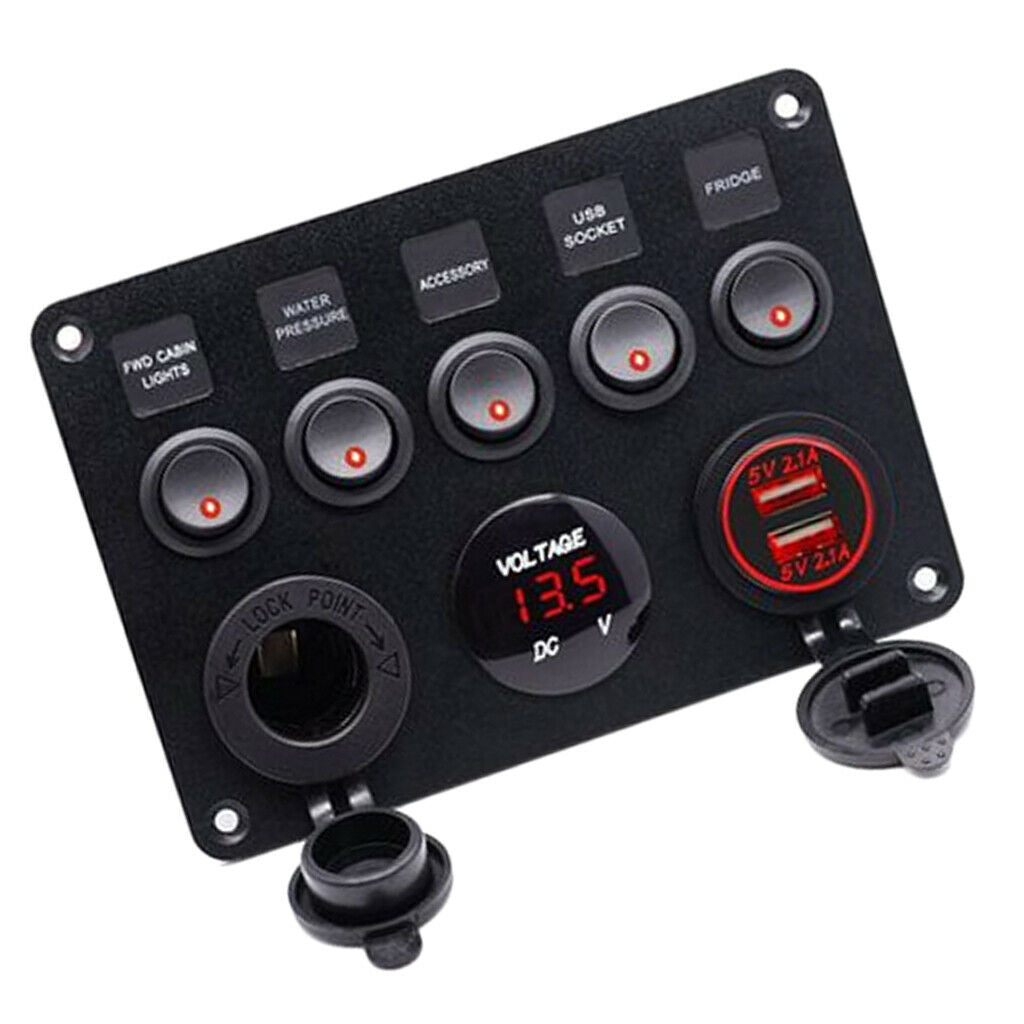 12V 6 Gang LED Rocker Switch Cigarette Lighter USB for 12V-24V RV Yachts,