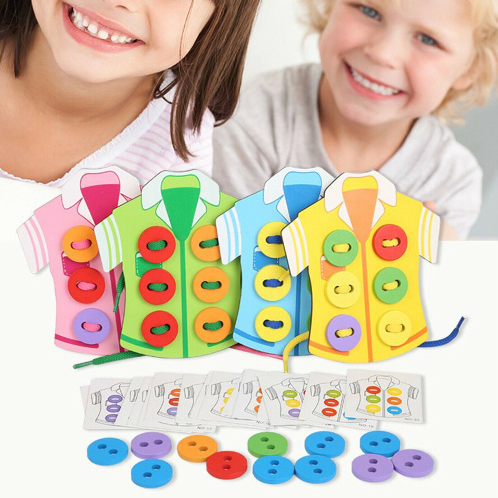 Wooden Threading Lacing Sew-on Buttons Pre-School Puzzle Toys for Boys Girls