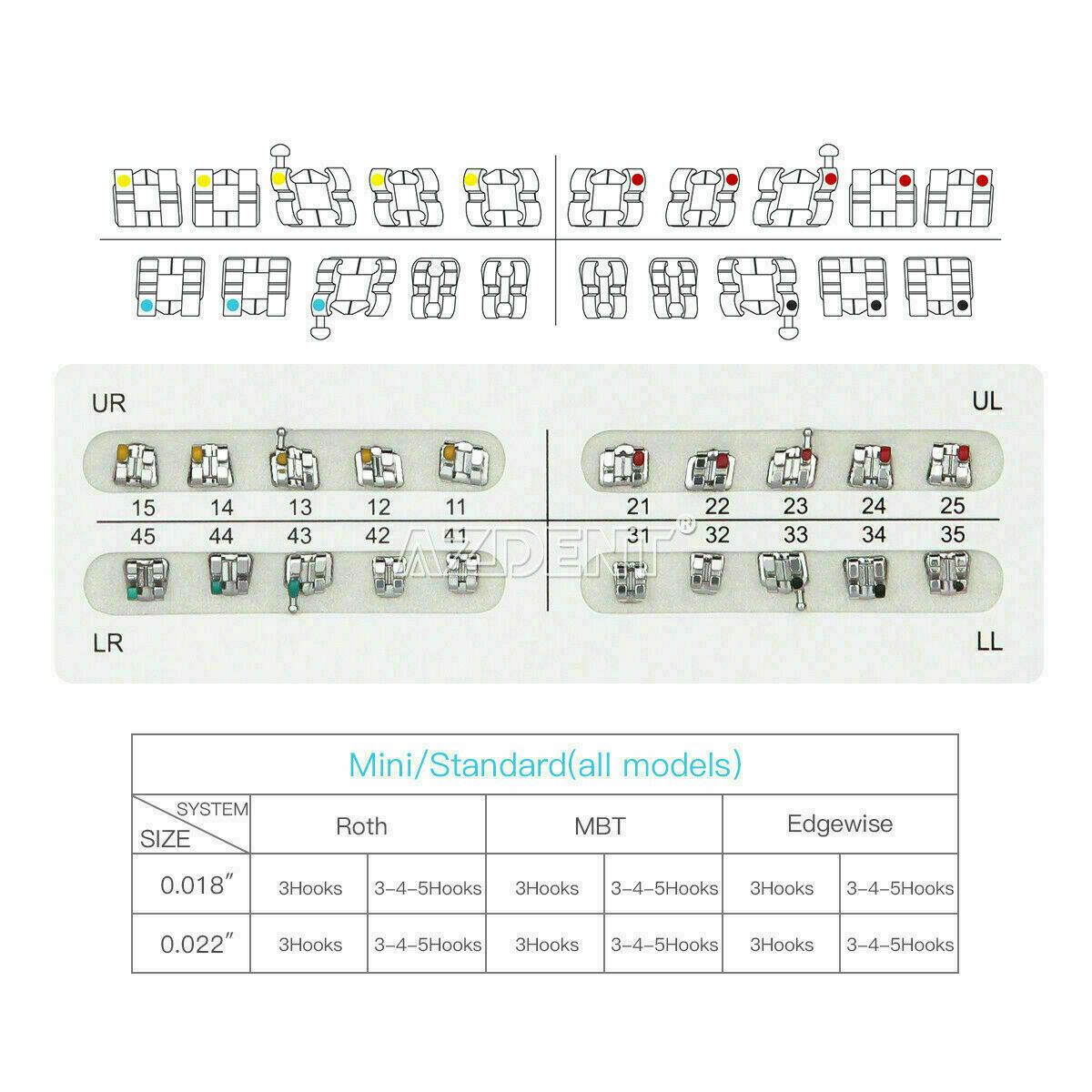 40 X Roth 018 Hooks 3 Dental Brackets Braces Standard Orthodontic Metal AZDENT