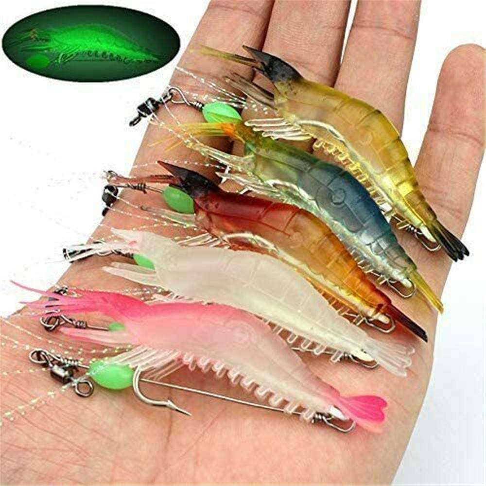 6Pcs Luminous Fishing Lure Bait Artificial Shrimp Lures Soft Plastics Hook Set