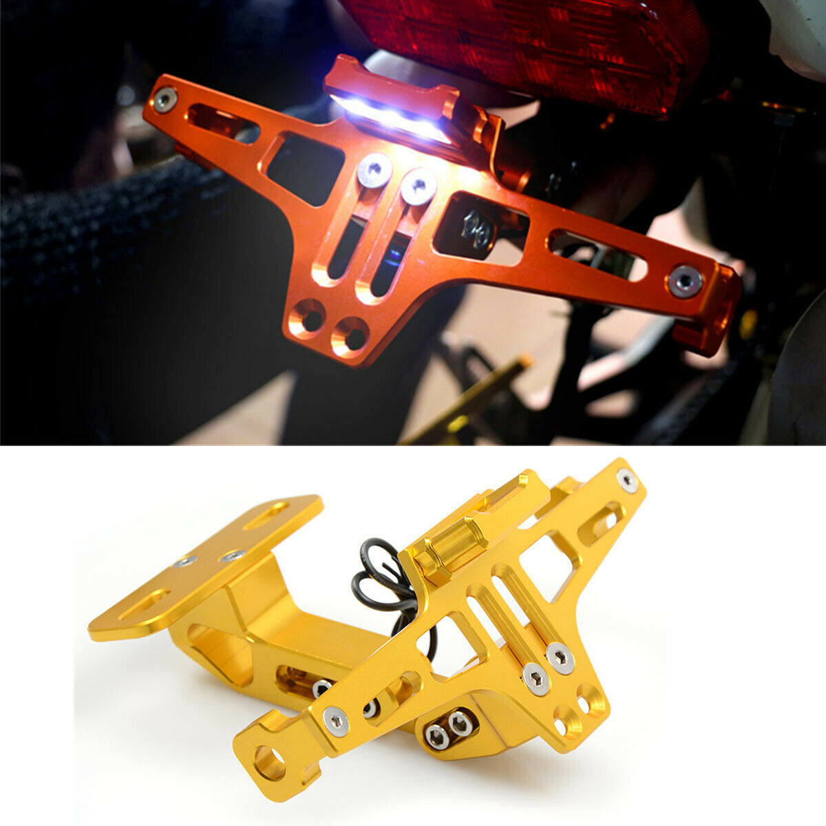 Motorcycle License Number Plate Frame Holder LED White Light Adjustable Bracket