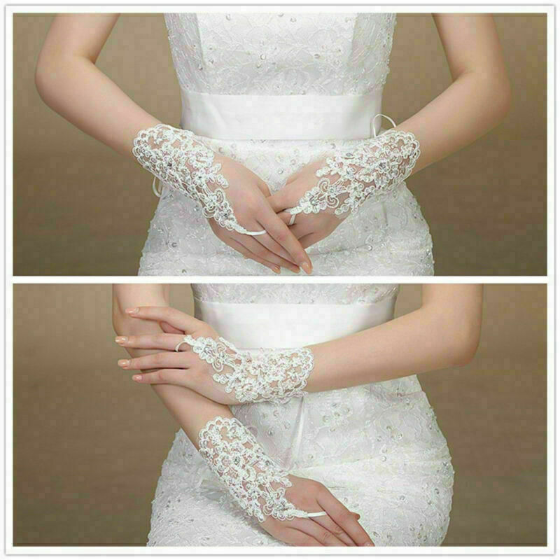 New Lace white Fingerless Short Paragraph Rhinestone Bridal Wedding Gloves