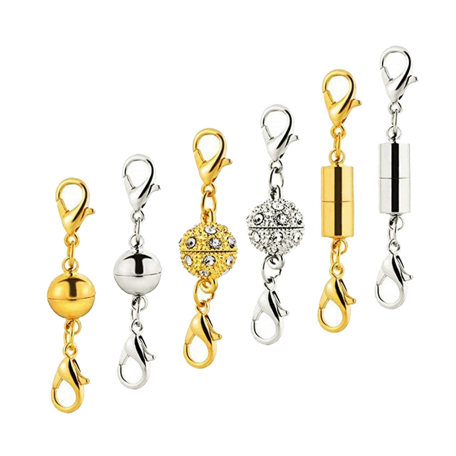 6Pcs Magnetic Clasp Rhinestone Ball/Cylinder Lobster Clasps Extender Joiner