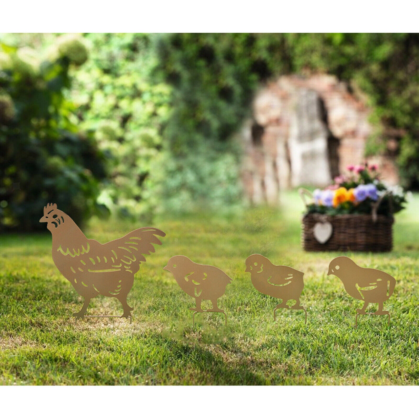 4x Chicken Family Silhouette Silhouette Statue Home Backyard Lawn Decoration