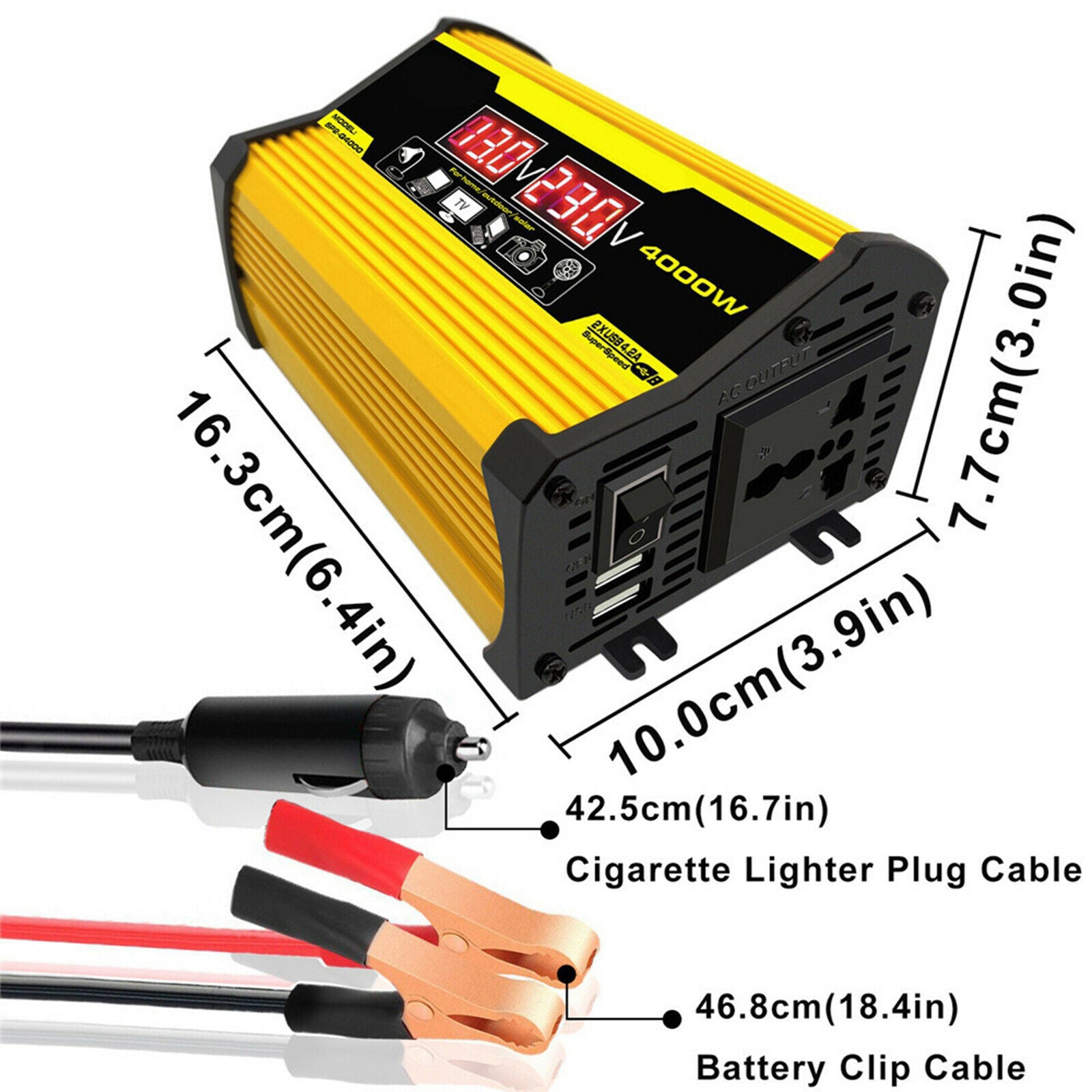 Power Inverter with Dual USB and Lighter Outdoor Power Supply Yellow 110V D