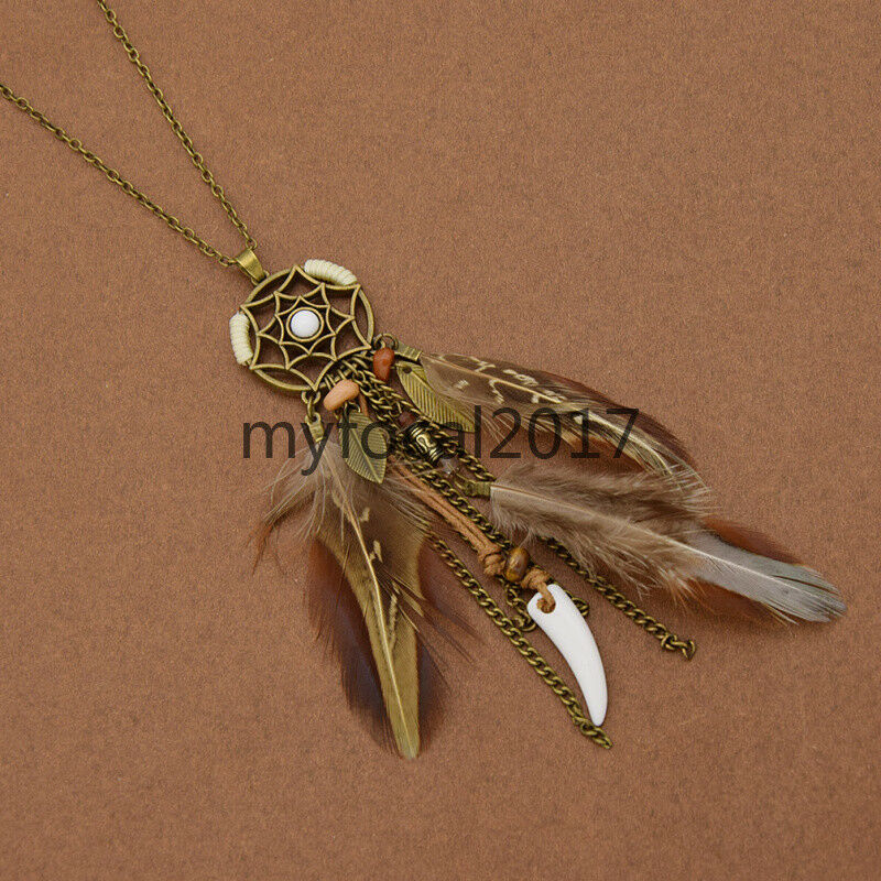 Boho Long Feather Dream Catcher Pendant Necklace Bohemian Women Jewellery Gift