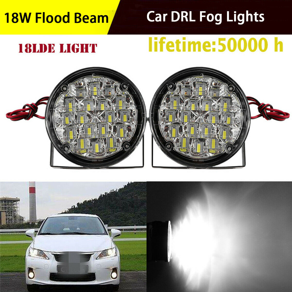 Pair 3.3'' Round LED Fog Light 18W Flood Offroad Driving Work 4x4 Truck SUV