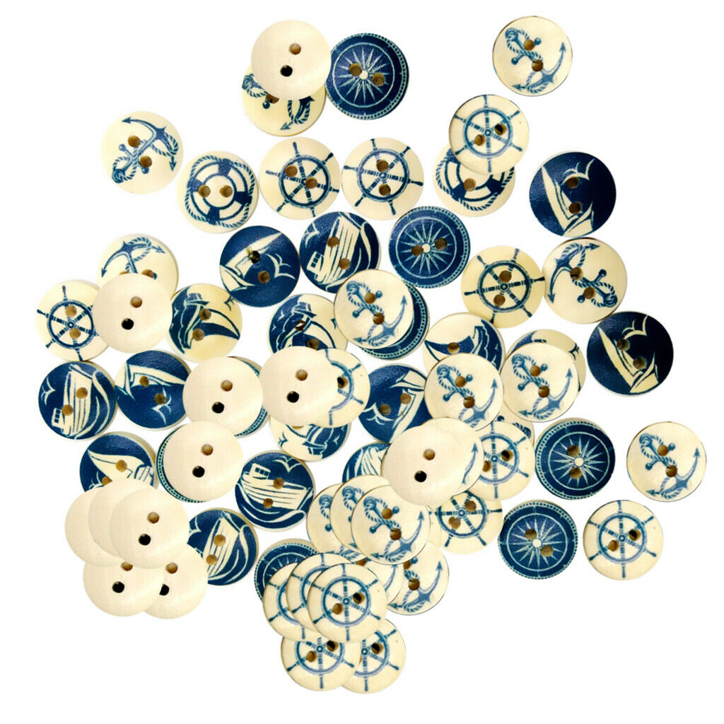100Pieces Mixed Nautical Wooden 2 Holes Flat Buttons for Sewing Crafting