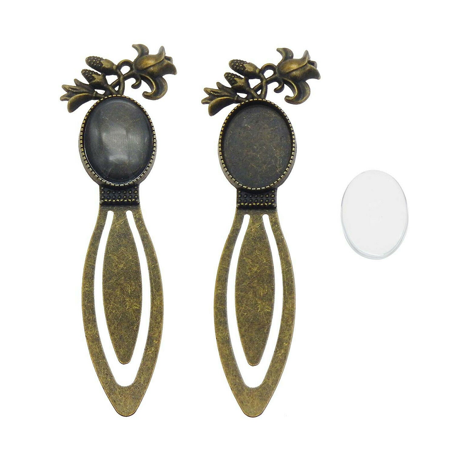 2sets Retro Bronze Alloy Floral Bookmarks Oval Blanks w/ Glass Cabochons 25x18mm