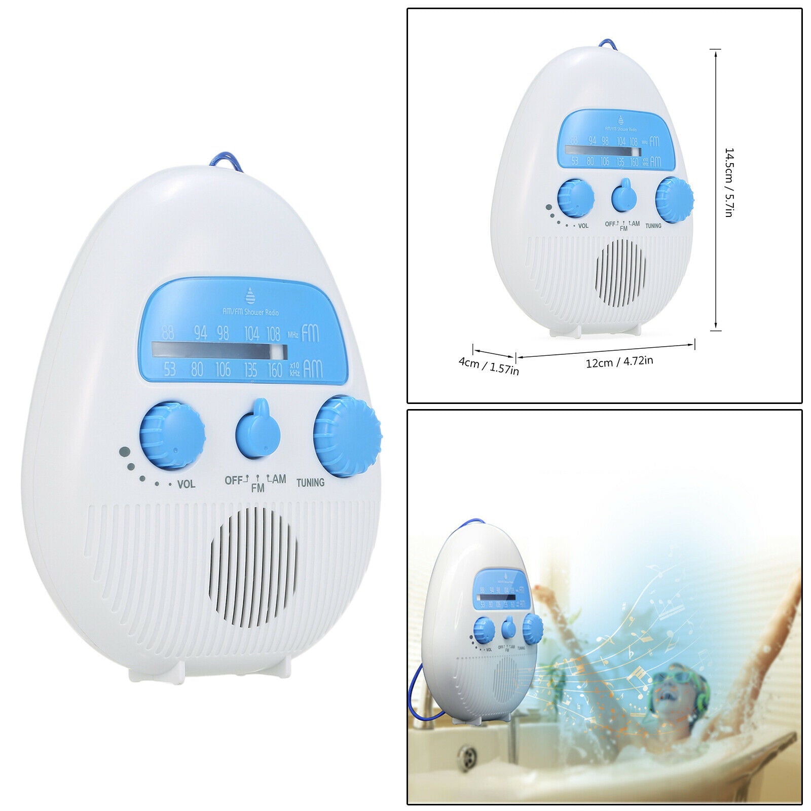 Portable Shower Radio Electronic Button Adjustable Volume IPX4 For Kitchen