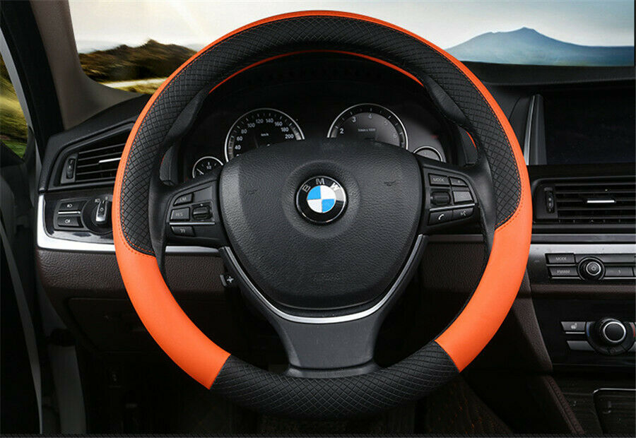 Black & Orange PU Leather Steering Wheel Cover 38CM Universal Sport Anti-Slip