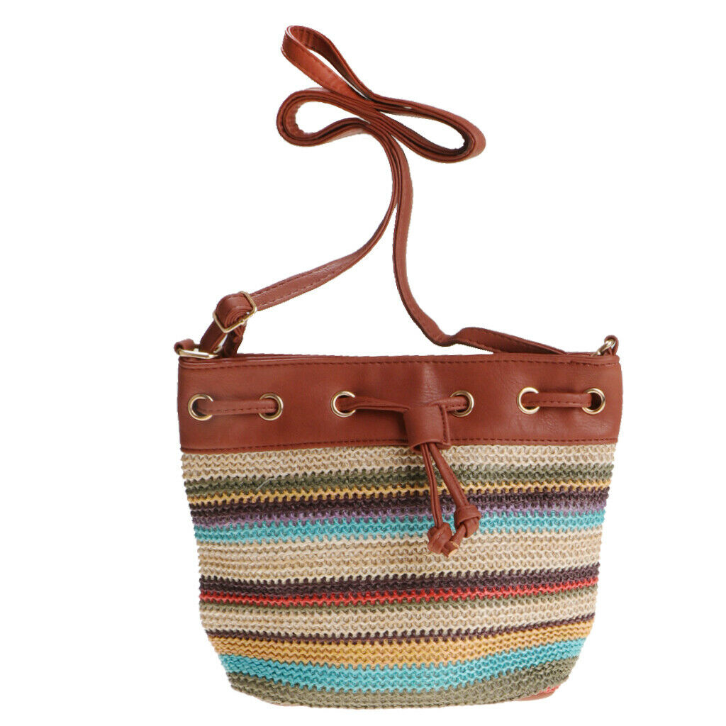 1 Piece Lady Bohemian Wave Stripe Bucket Bag with Slanted Shoulder Bag Brown