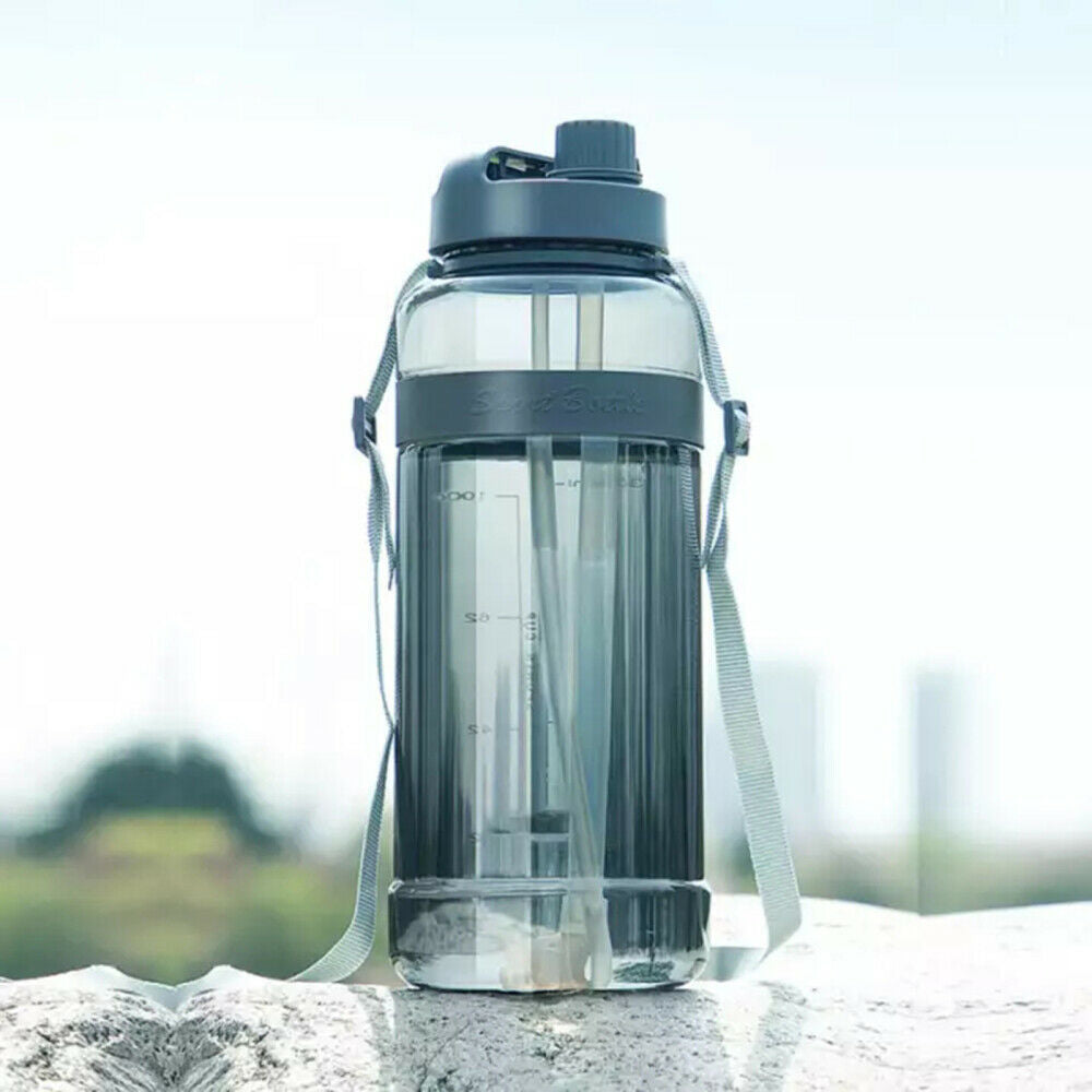 3L Sport Water Bottle Carrying Loop Gym Large Capacity Bottle Dual Straw Gray