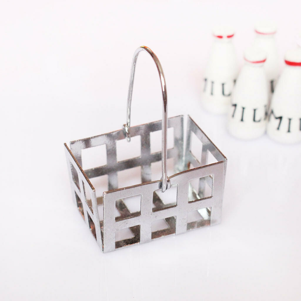 2x 1:12 Multicolored Wood Milk Bottles w/ Metal Basket Set Kitchen Porch Decor