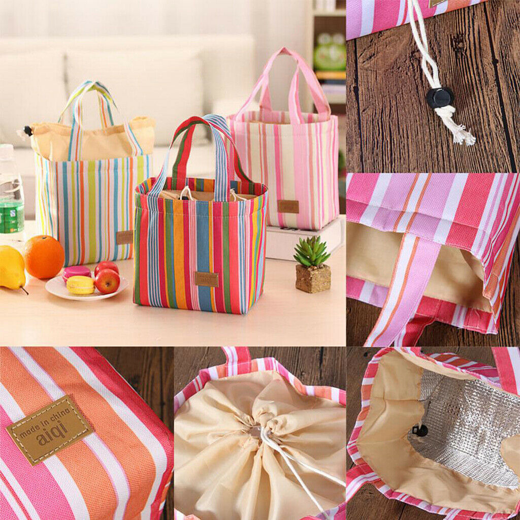 Portable Lunch Box Tote Cooler Bag Bento Pouch Container Pink Stripes